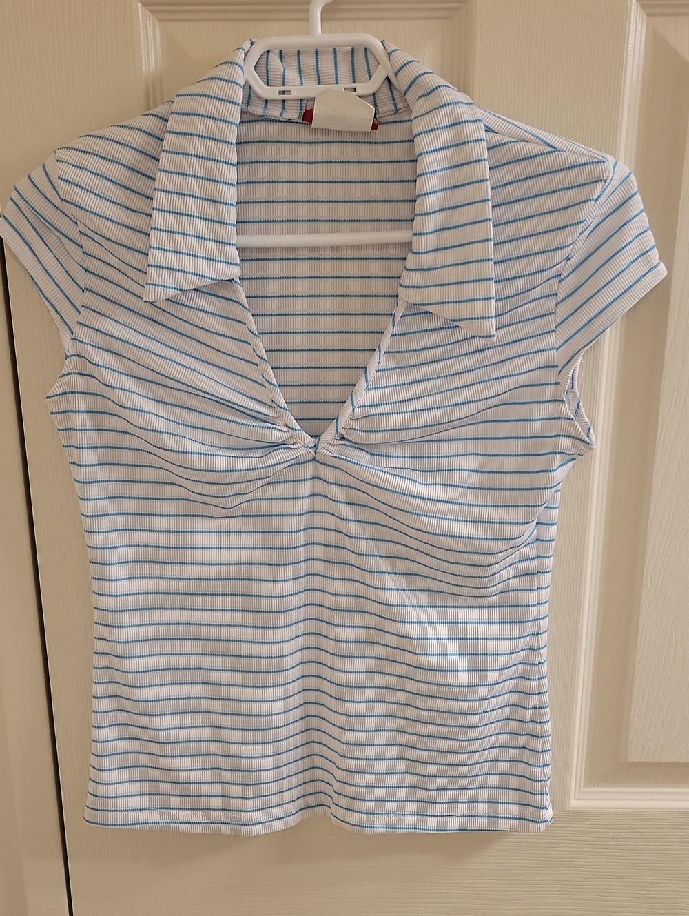 Women’s Short Sleeve Collared Tee in White with Light Blue Stripes